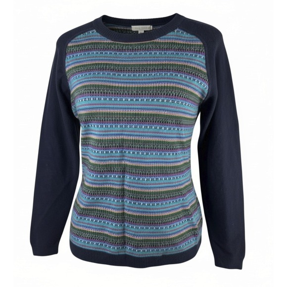Talbots Fair Isle Lambswool Blend Sweater Navy Multi Stripe Zip Back Size Large - Picture 2 of 14